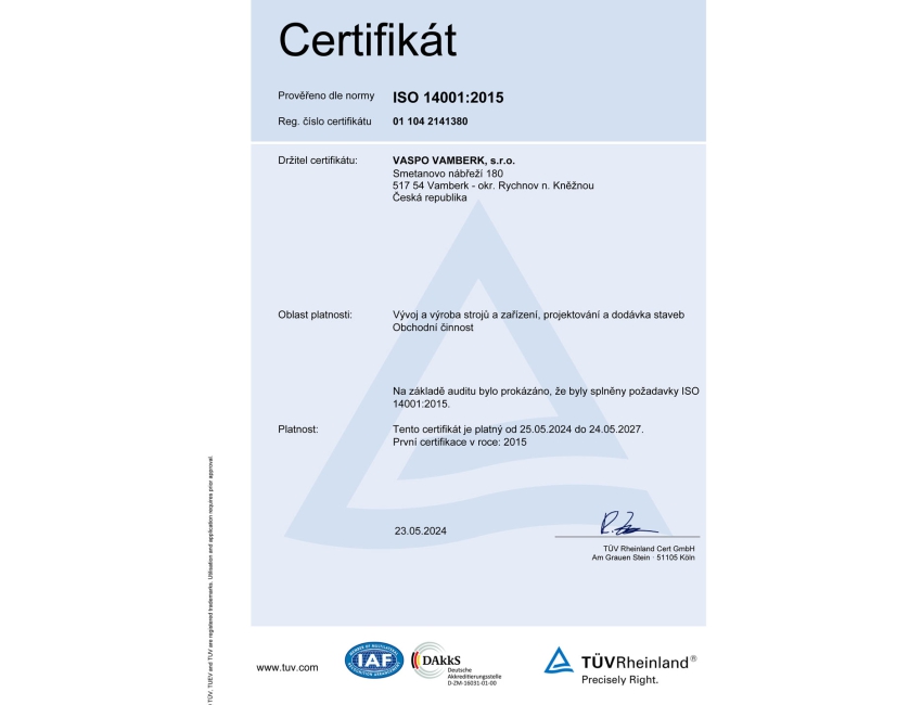Úspěšně jsme obhájili certifikát kvality ISO 14001:2015